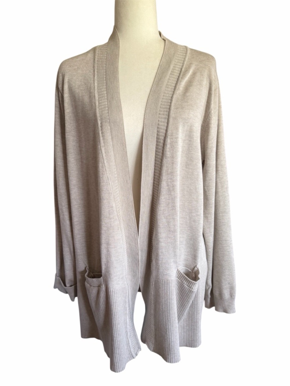 Light Taupe Open-Front Women's Cardigan with Patch Pockets